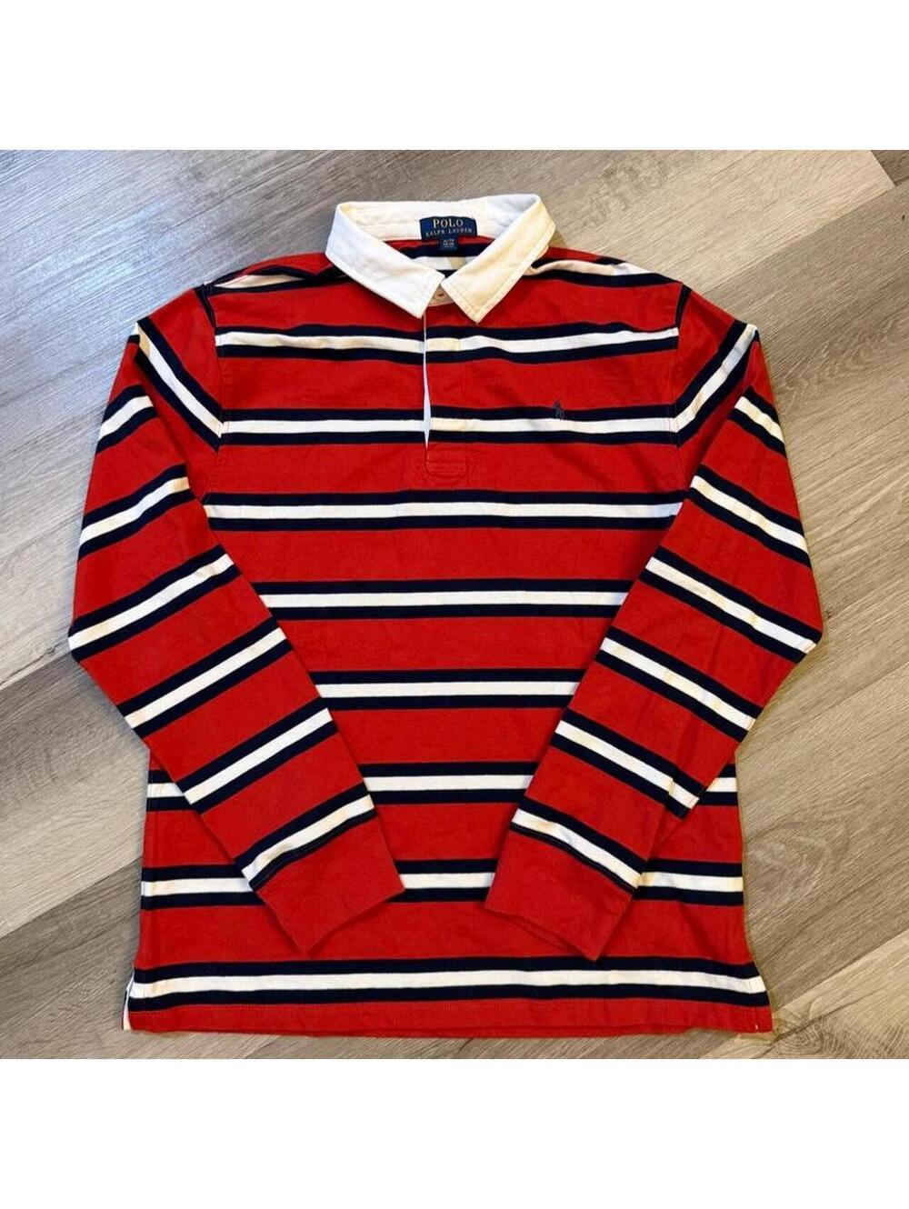 Ralph Lauren red, white, and navy blue striped long sleeve polo shirt in kids XL